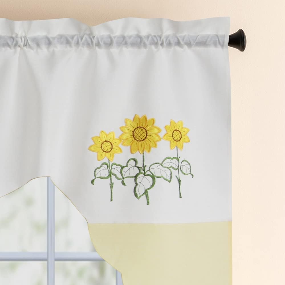 All American Collection Modern Contemporary 3pc Embroidered Home Kitchen Window Treatment Curtain Set (Swag Valance, Yellow Sunflower)
