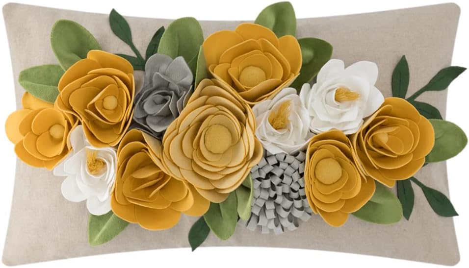 OiseauVoler Decorative 3D Flower Throw Pillow Covers 12x20 Inch Yellow | Accent Floral Pillowcases for Couch Bed Living Room Farmhouse Home Decor