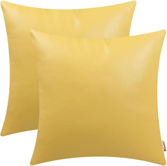 BRAWARM Faux Leather Throw Pillow Covers 18 X 18 Inches - Yellow Leather Pilow Covers Pack of 2, Solid Dyed Leather Pillowcases for Couch Bed Sofa Garden Home Decorative