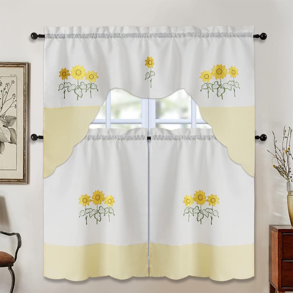 All American Collection Modern Contemporary 3pc Embroidered Home Kitchen Window Treatment Curtain Set (Swag Valance, Yellow Sunflower)