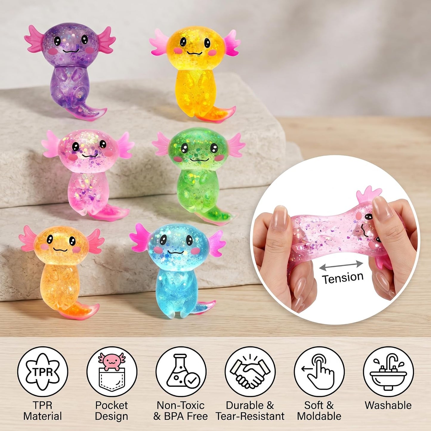 Axolotl Squishy Stress Relief Toy - Giltter Slow Rising Fidget Toy, Cute Sensory Toy, Moldable Soft Squeeze Toys for Adult, Kids, Party Favors Anxiety Relief Squishy Toy(Yellow)