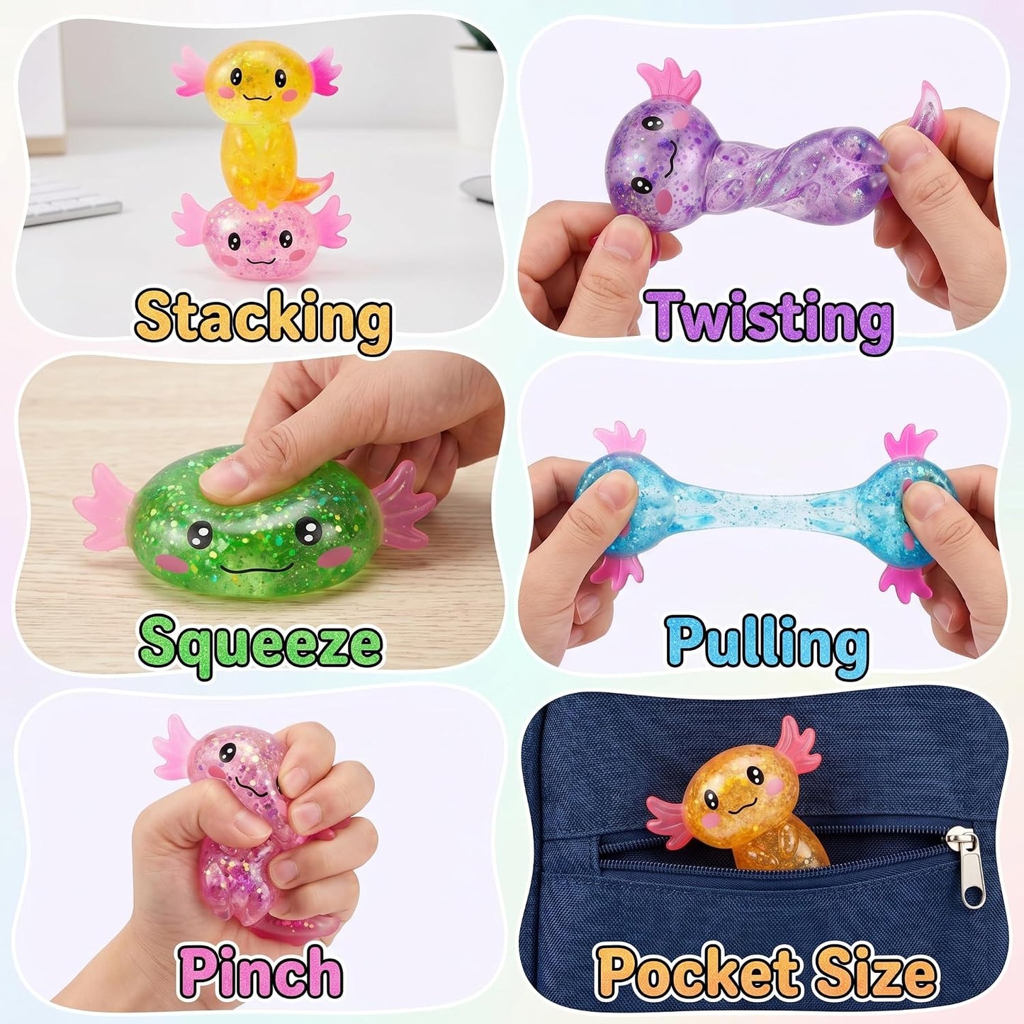 Axolotl Squishy Stress Relief Toy - Giltter Slow Rising Fidget Toy, Cute Sensory Toy, Moldable Soft Squeeze Toys for Adult, Kids, Party Favors Anxiety Relief Squishy Toy(Yellow)