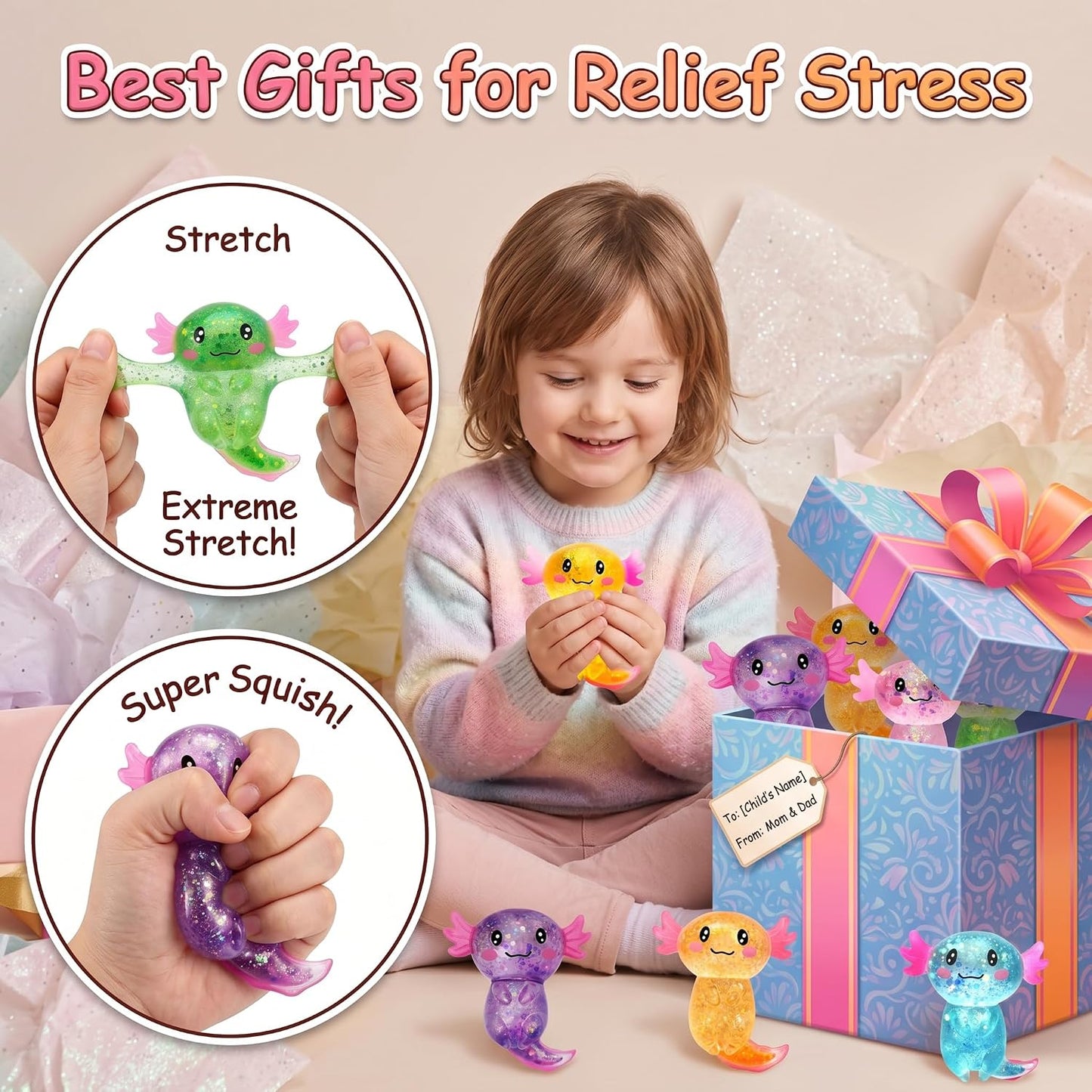 Axolotl Squishy Stress Relief Toy - Giltter Slow Rising Fidget Toy, Cute Sensory Toy, Moldable Soft Squeeze Toys for Adult, Kids, Party Favors Anxiety Relief Squishy Toy(Yellow)