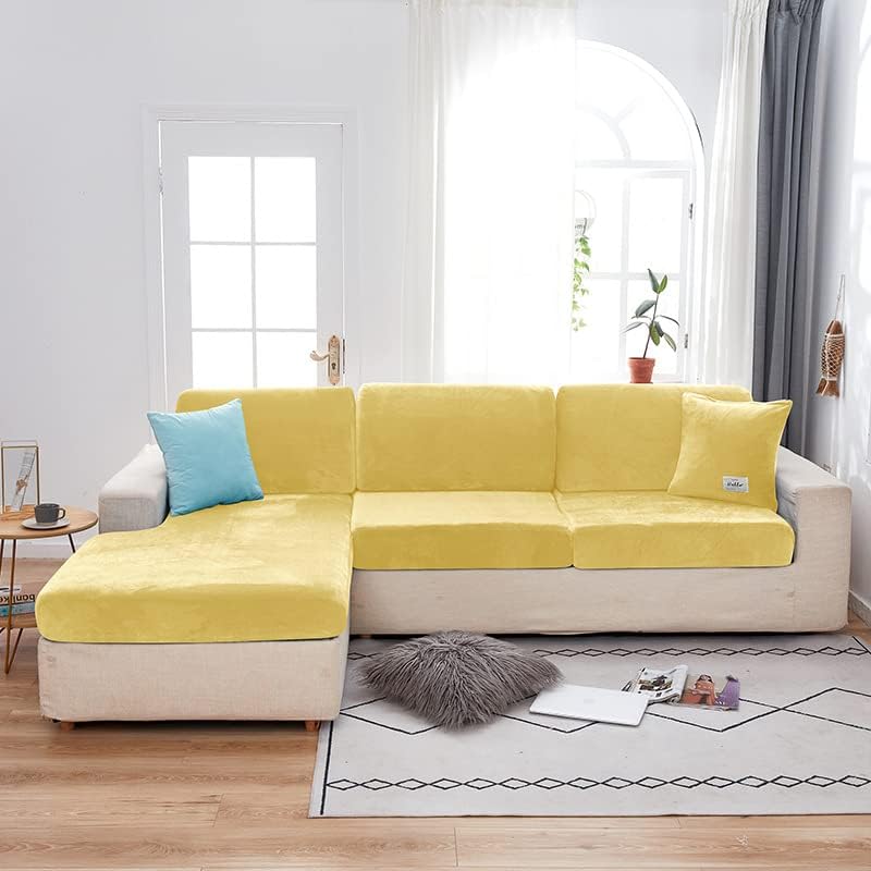 Jonuiony Wear-Resistant Universal Sofa Cover, Stretch Velvet Separate Couch Cushion Slipcovers, L Shape Sofa Chaise Covers for Both Left/Right Sectional Couch Protector(Lemon Yellow,Single Seat)