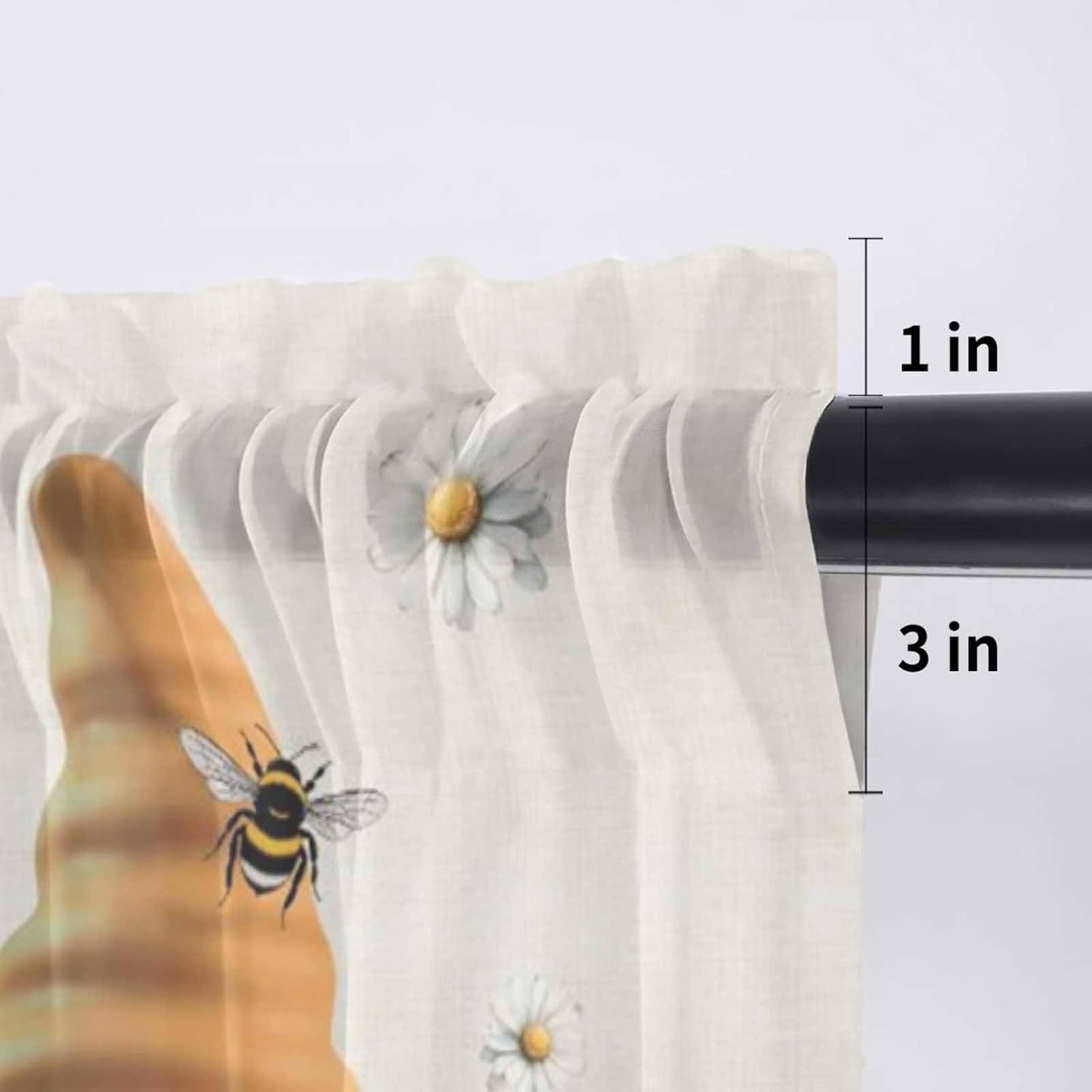 Honey Welcome Sheer Valance Curtains, Yellow Bee Gnome Wings Daisy Farmhouse Linen Light Filtering Kitchen Valances Rod Pocket Voile Curtain Window Treatment for Bedroom/Living Room/Basement 54Wx18L