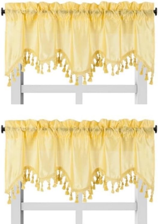 Solid Faux Silk Swag Waterfall Cascade Ascot Window Curtain Valance w/Tassels Trim 55" x18" Wave (2, Yellow)