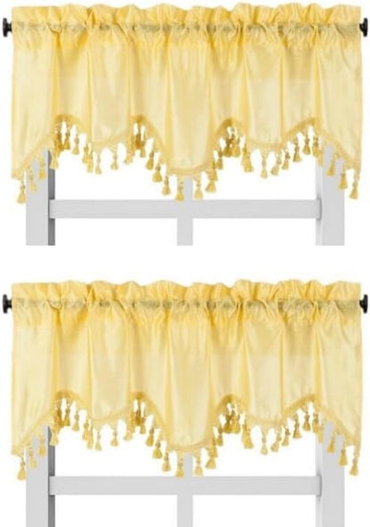 Solid Faux Silk Swag Waterfall Cascade Ascot Window Curtain Valance w/Tassels Trim 55" x18" Wave (2, Yellow)