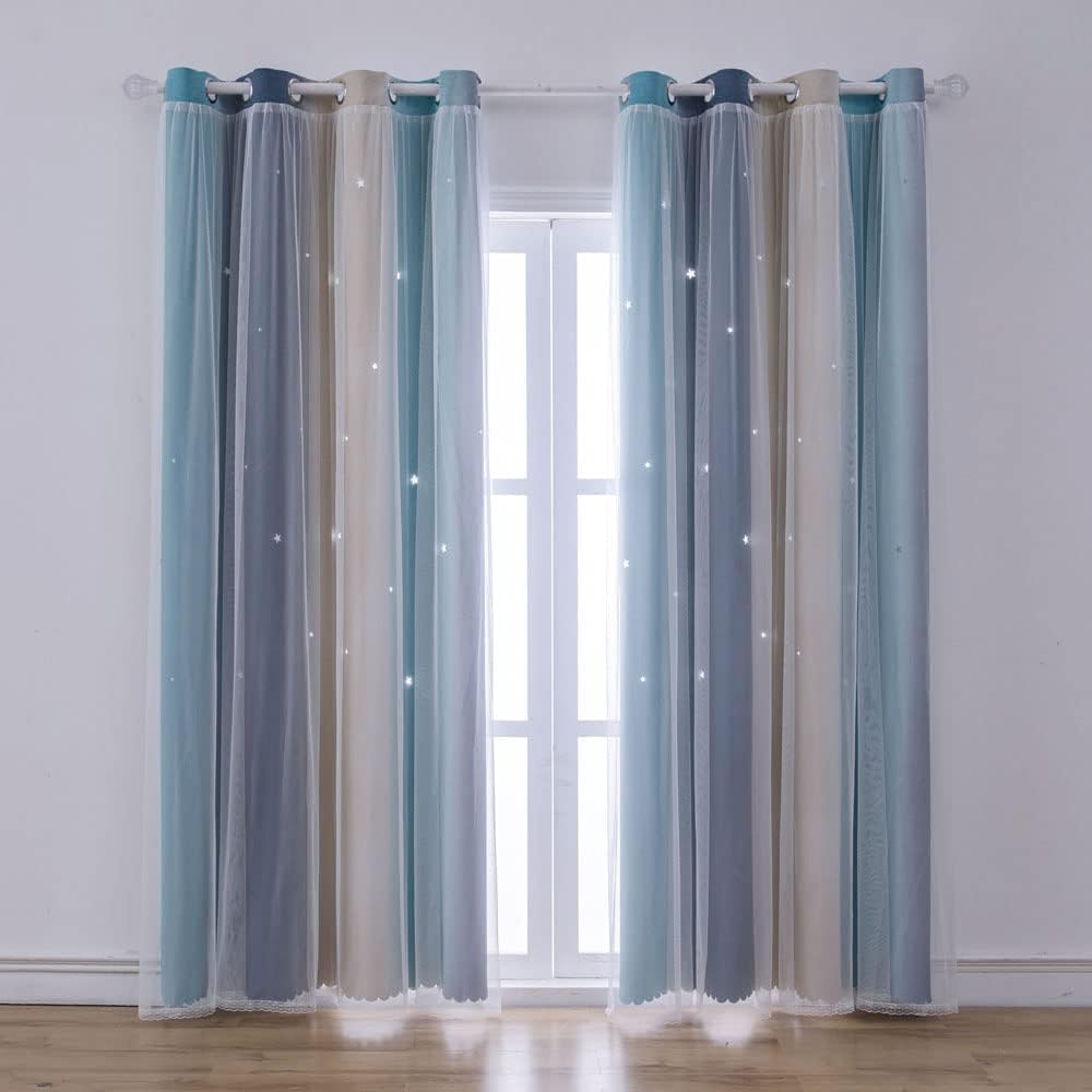 Ombre Rainbow Blackout Curtains for Kid Girls Bedroom Living Room Darking Stripe Double Layer Star Cut Out Wall Home Decor Gradient Grommet Window Curtains （Yellow Blue 52W x 84L