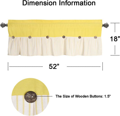 DOSLY Ides Farmhouse Rustic Cotton Valance Curtain, Yellow Striped Pleated Design with Coconut Buttons, Multi-Room Window Treatment for Kitchen Living Room Bedroom, 52" W x 18" L
