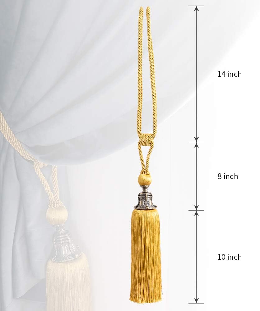 Melodieux Decorative Curtain Tiebacks Antique Tassels Holdbacks - Home Office Window Drapery Fasteners Fringe Ropes, Set of 2 (Yellow)