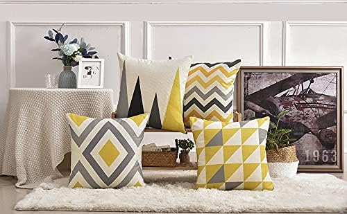 Tosewever Set of 4 Decorative Geometric Yellow Grey 18 x 18 Inches Throw Pillow Covers - Modern Pattern Linen Square Pillow Cushion Case for Sofa Couch Bed Home Decor Outdoor (18" x 18", Yellow/Gray)