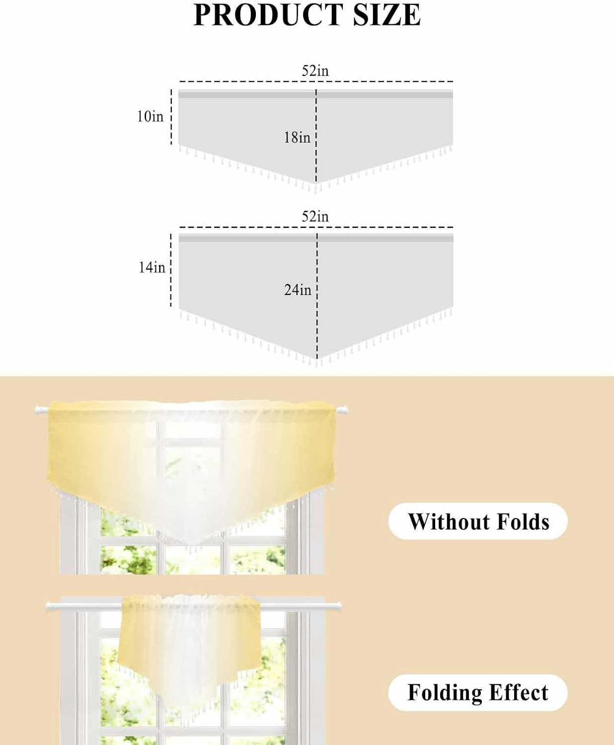 Beaded Sheer Valance Curtains for Living Room 52"x24", Ombre Abstract Gradient Lemon Yellow and White Rod Pocket Waterfall Valances for Windows Kitchen/Bathroom/Bedroom