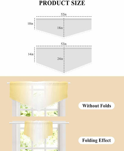 Beaded Sheer Valance Curtains for Living Room 52"x24", Ombre Abstract Gradient Lemon Yellow and White Rod Pocket Waterfall Valances for Windows Kitchen/Bathroom/Bedroom