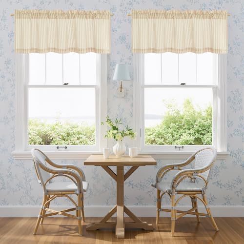 NICETOWN Striped Window Valances White and Paler Yellow Farmhouse Design Window Treatment Decor Curtains Rod Pocket Valances for Kitchen/Living Room W52 x L18, 1 Panel