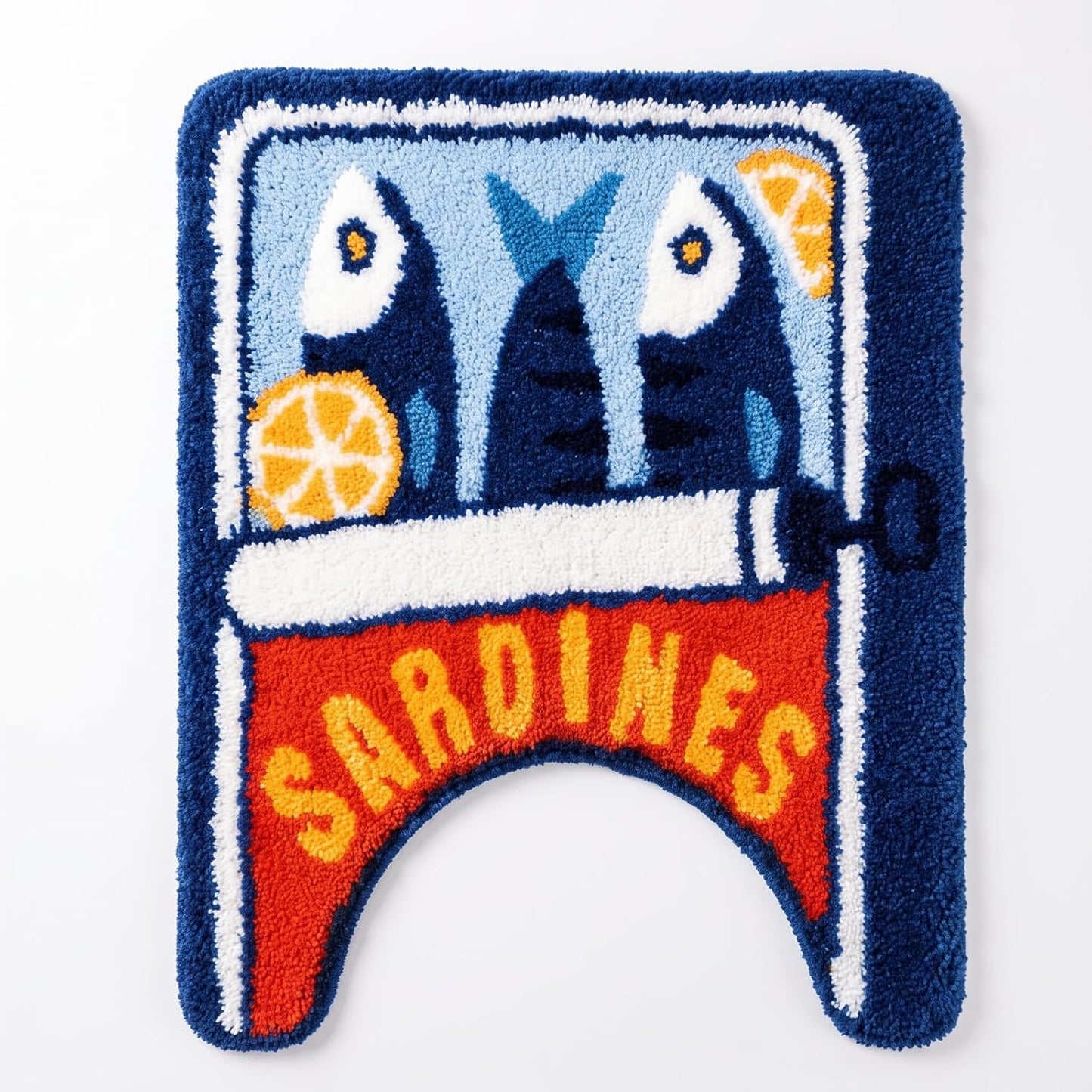 1 Pcs Sardine Can Rugs Toilet Rug U Shaped Washable Soft and Absorbent Bathroom Rugs Cartoon Fish and Lemon Contour Bath Mat Machine Wash Bathroom Contour Rug for Toilet Base, 24 x 20 Inch