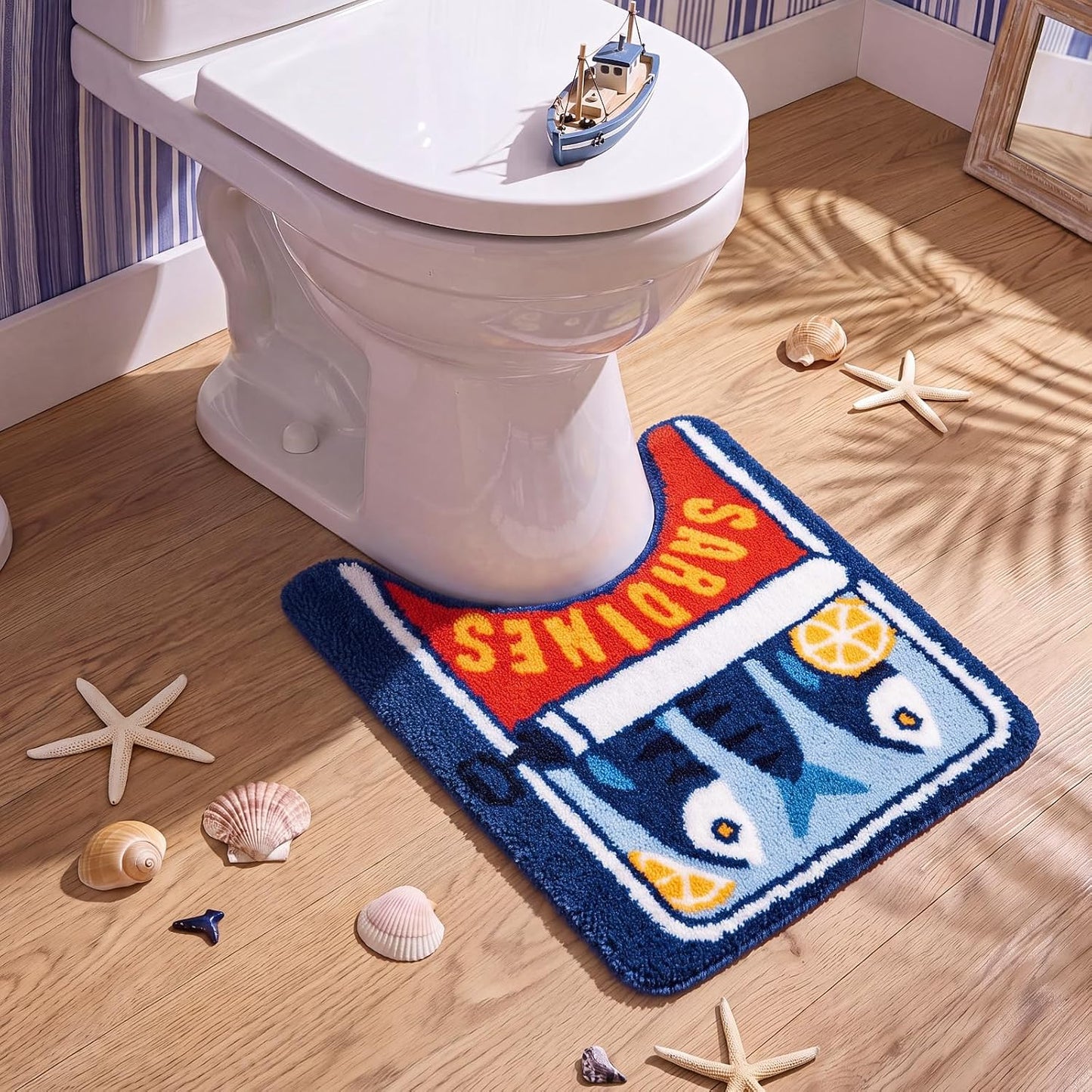 1 Pcs Sardine Can Rugs Toilet Rug U Shaped Washable Soft and Absorbent Bathroom Rugs Cartoon Fish and Lemon Contour Bath Mat Machine Wash Bathroom Contour Rug for Toilet Base, 24 x 20 Inch