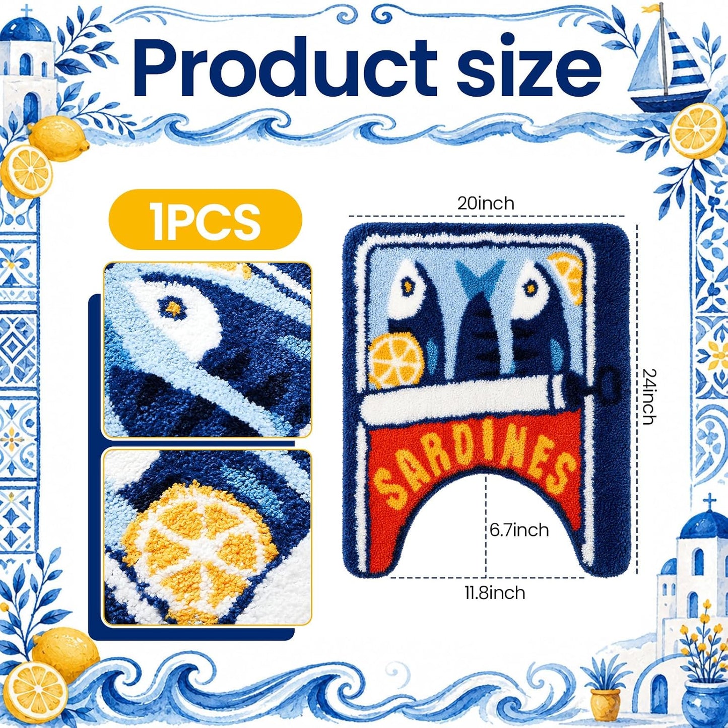 1 Pcs Sardine Can Rugs Toilet Rug U Shaped Washable Soft and Absorbent Bathroom Rugs Cartoon Fish and Lemon Contour Bath Mat Machine Wash Bathroom Contour Rug for Toilet Base, 24 x 20 Inch