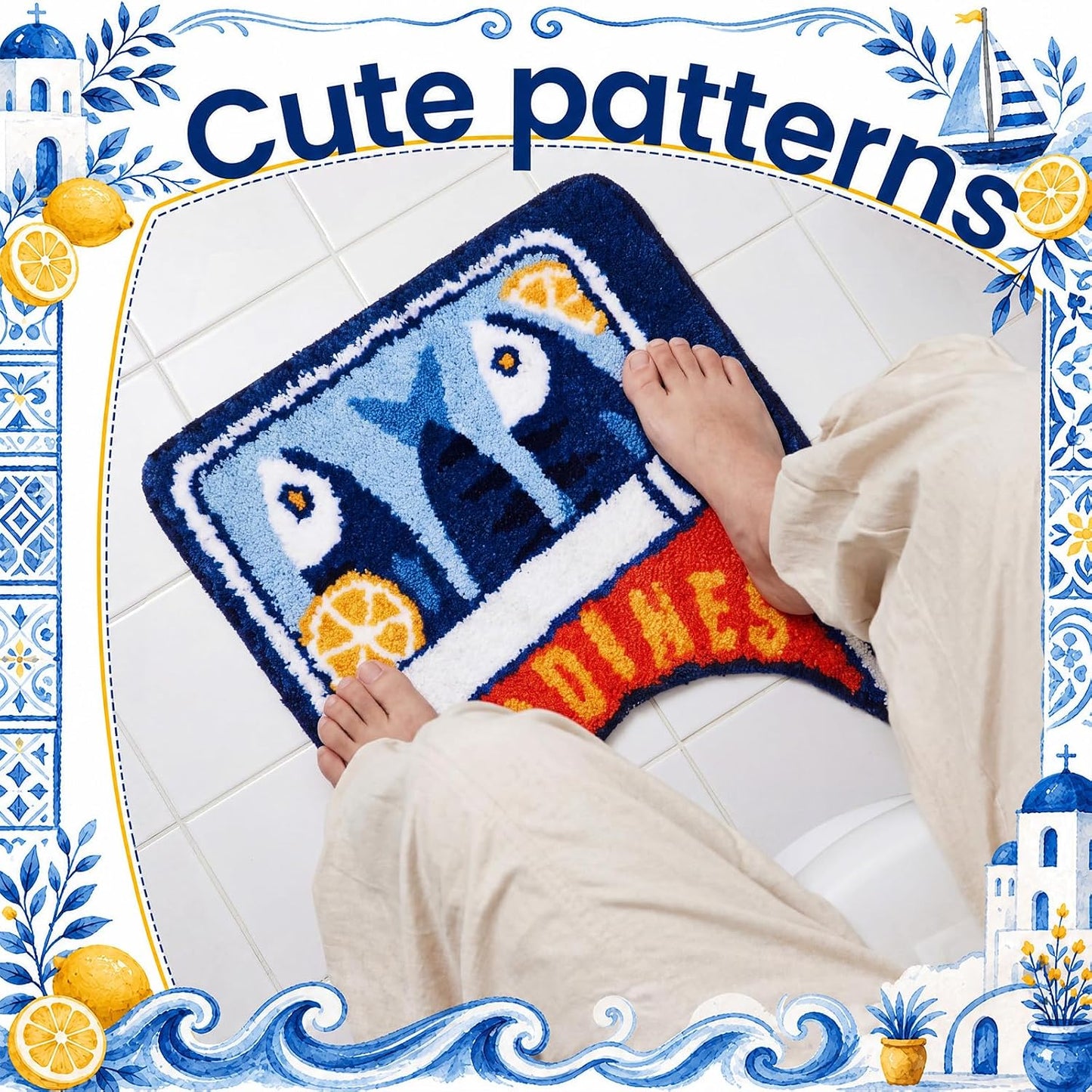 1 Pcs Sardine Can Rugs Toilet Rug U Shaped Washable Soft and Absorbent Bathroom Rugs Cartoon Fish and Lemon Contour Bath Mat Machine Wash Bathroom Contour Rug for Toilet Base, 24 x 20 Inch