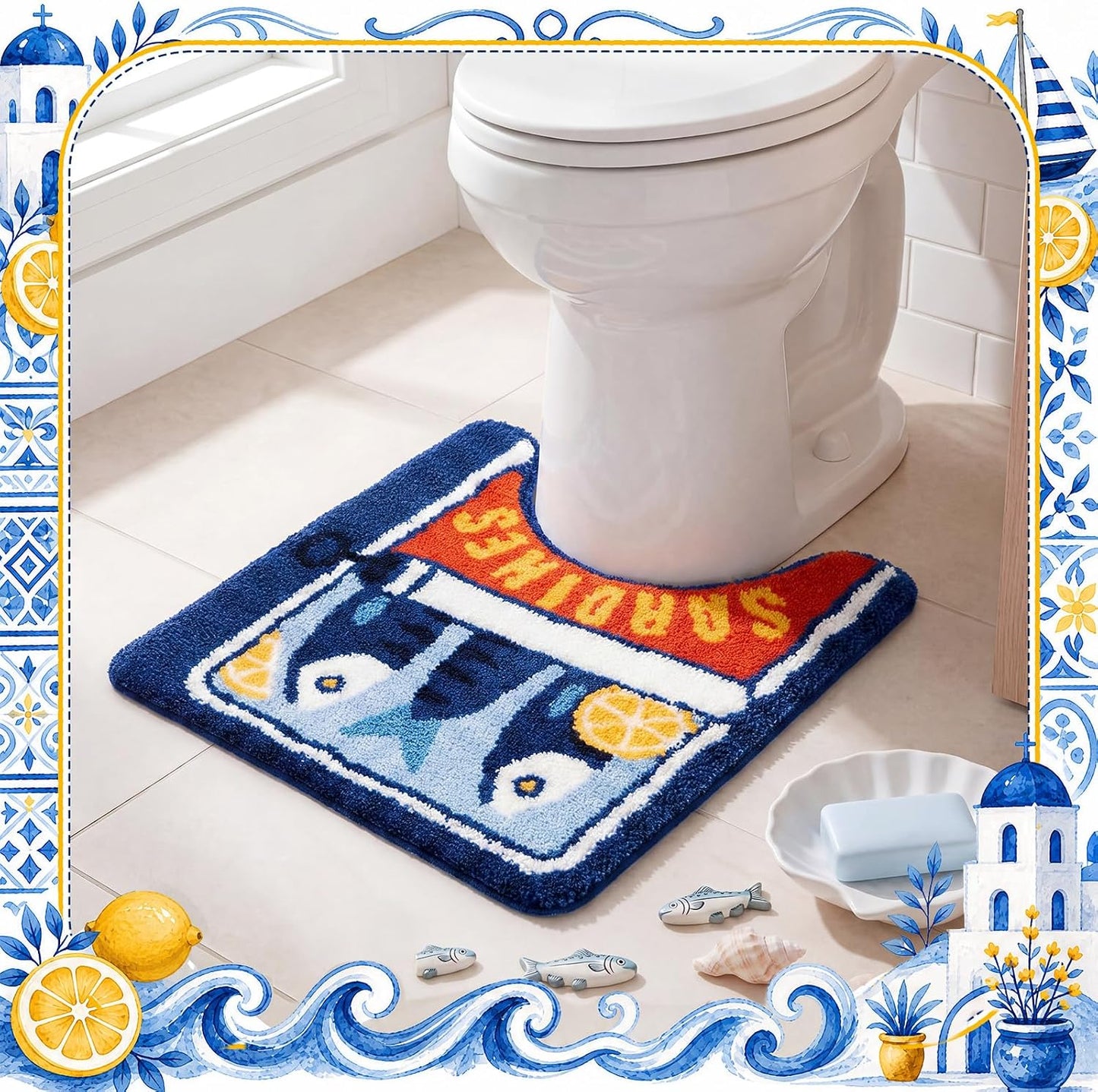 1 Pcs Sardine Can Rugs Toilet Rug U Shaped Washable Soft and Absorbent Bathroom Rugs Cartoon Fish and Lemon Contour Bath Mat Machine Wash Bathroom Contour Rug for Toilet Base, 24 x 20 Inch