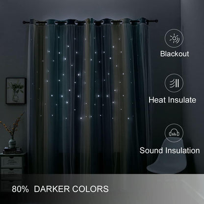 FANLI Ombre Rainbow Blackout Curtains for Kid Girls Bedroom Living Room Darking Stripe Double Layer Star Cut Out Wall Home Decor Gradient Grommet Window Curtains (Blue/Yellow, 52W x 63L)