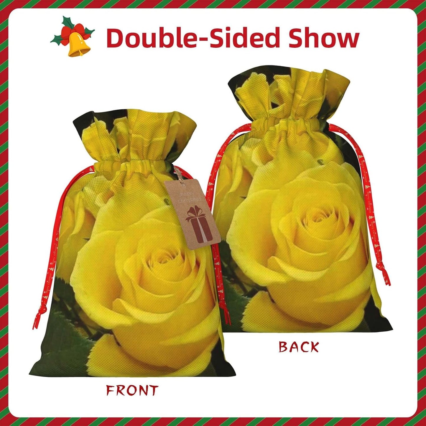 Yellow Roses Print Cotton Linen Fabric Gift Bags Drawstring Gift Bags Christmas Burlap Candy Bags Packing Storage Bags Jewelry Pouch Candy Bags Christmas Party Supplies Decor