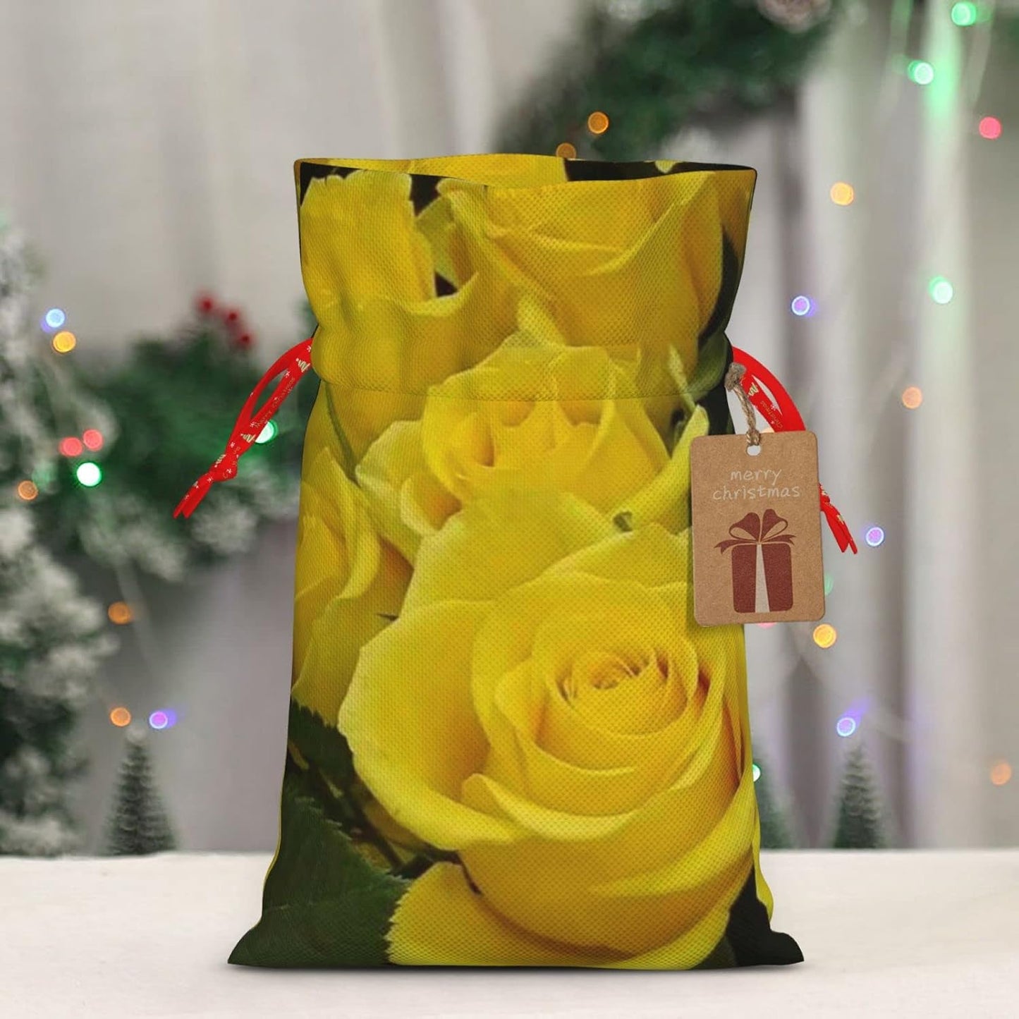 Yellow Roses Print Cotton Linen Fabric Gift Bags Drawstring Gift Bags Christmas Burlap Candy Bags Packing Storage Bags Jewelry Pouch Candy Bags Christmas Party Supplies Decor