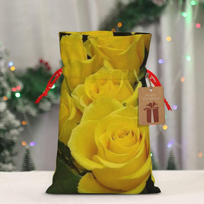 Yellow Roses Print Cotton Linen Fabric Gift Bags Drawstring Gift Bags Christmas Burlap Candy Bags Packing Storage Bags Jewelry Pouch Candy Bags Christmas Party Supplies Decor