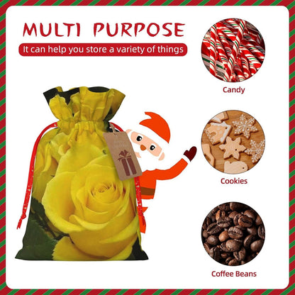 Yellow Roses Print Cotton Linen Fabric Gift Bags Drawstring Gift Bags Christmas Burlap Candy Bags Packing Storage Bags Jewelry Pouch Candy Bags Christmas Party Supplies Decor