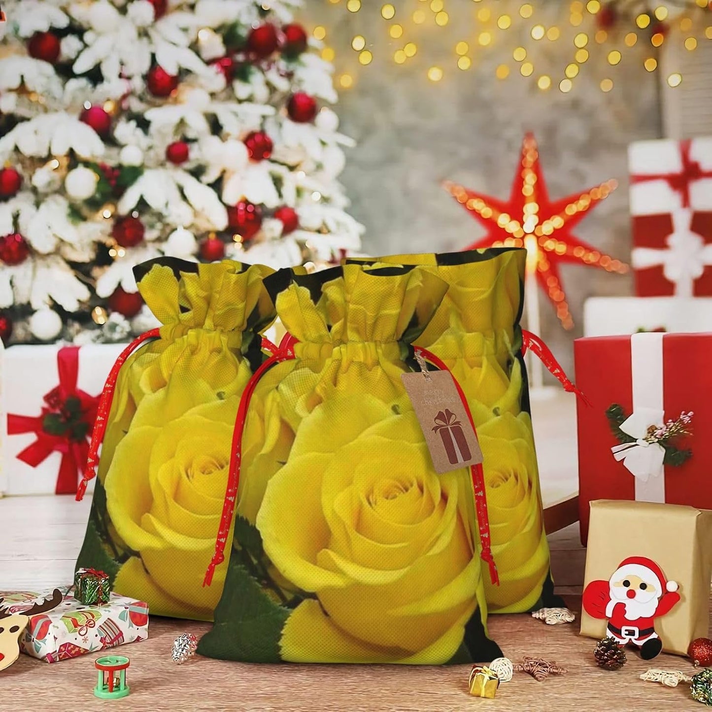 Yellow Roses Print Cotton Linen Fabric Gift Bags Drawstring Gift Bags Christmas Burlap Candy Bags Packing Storage Bags Jewelry Pouch Candy Bags Christmas Party Supplies Decor