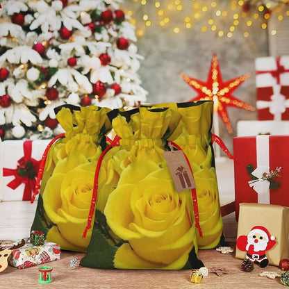 Yellow Roses Print Cotton Linen Fabric Gift Bags Drawstring Gift Bags Christmas Burlap Candy Bags Packing Storage Bags Jewelry Pouch Candy Bags Christmas Party Supplies Decor
