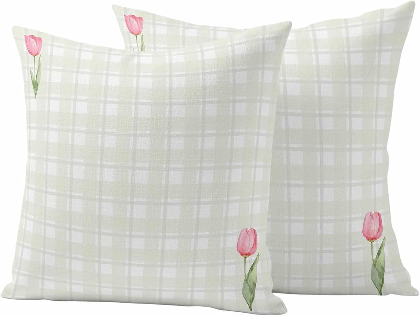Waterproof Throw Pillow Covers 18x18 Set of 2, Light Yellow Lattice Spring Tulip Flower Outdoor Pillowcases Invisible Zipper, Minimalist Check Decorative Cushion Covers for Patio Garden Sofa Couch