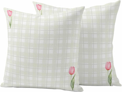 Waterproof Throw Pillow Covers 18x18 Set of 2, Light Yellow Lattice Spring Tulip Flower Outdoor Pillowcases Invisible Zipper, Minimalist Check Decorative Cushion Covers for Patio Garden Sofa Couch