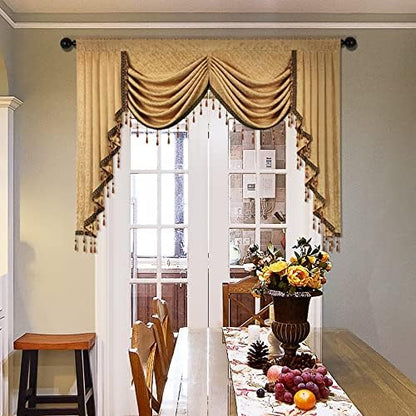 ELKCA Jacquard Waterfall Valance with Luxury Beads Yellow Window Curtains Valance for Living Room,Rod Pocket, 1 Panel (Yellow, W59 inch)