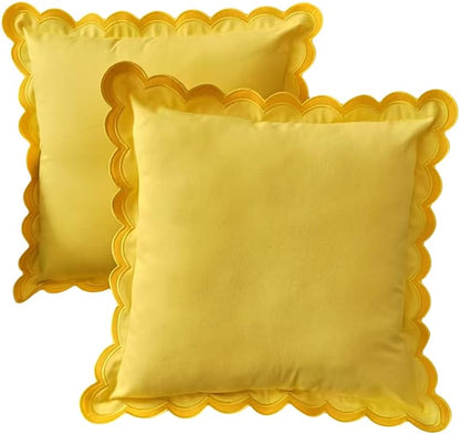 Scalloped Edge Embroidery Pillow Cover Set of 2 | Decorative Throw Pillow Covers | Boho-Chic Cushion Covers for Living Room (Yellow)