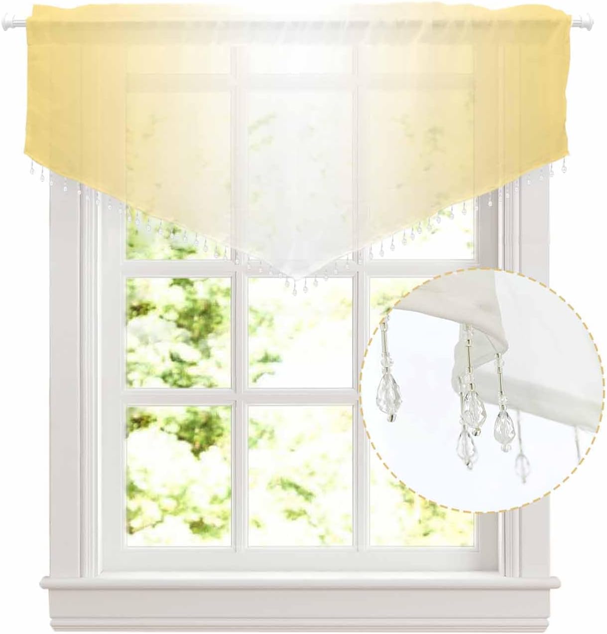 Beaded Sheer Valance Curtains for Living Room 52"x24", Ombre Abstract Gradient Lemon Yellow and White Rod Pocket Waterfall Valances for Windows Kitchen/Bathroom/Bedroom