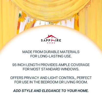 Sapphire Home Sheer Curtains - Two Tone 4 Panels Set w/Valance & Tiebacks, 55"x63", Lightweight Light-Filtering Window Curtain for Living Room, Bedroom, Kitchen, Dining Room - Sunflower/Yellow