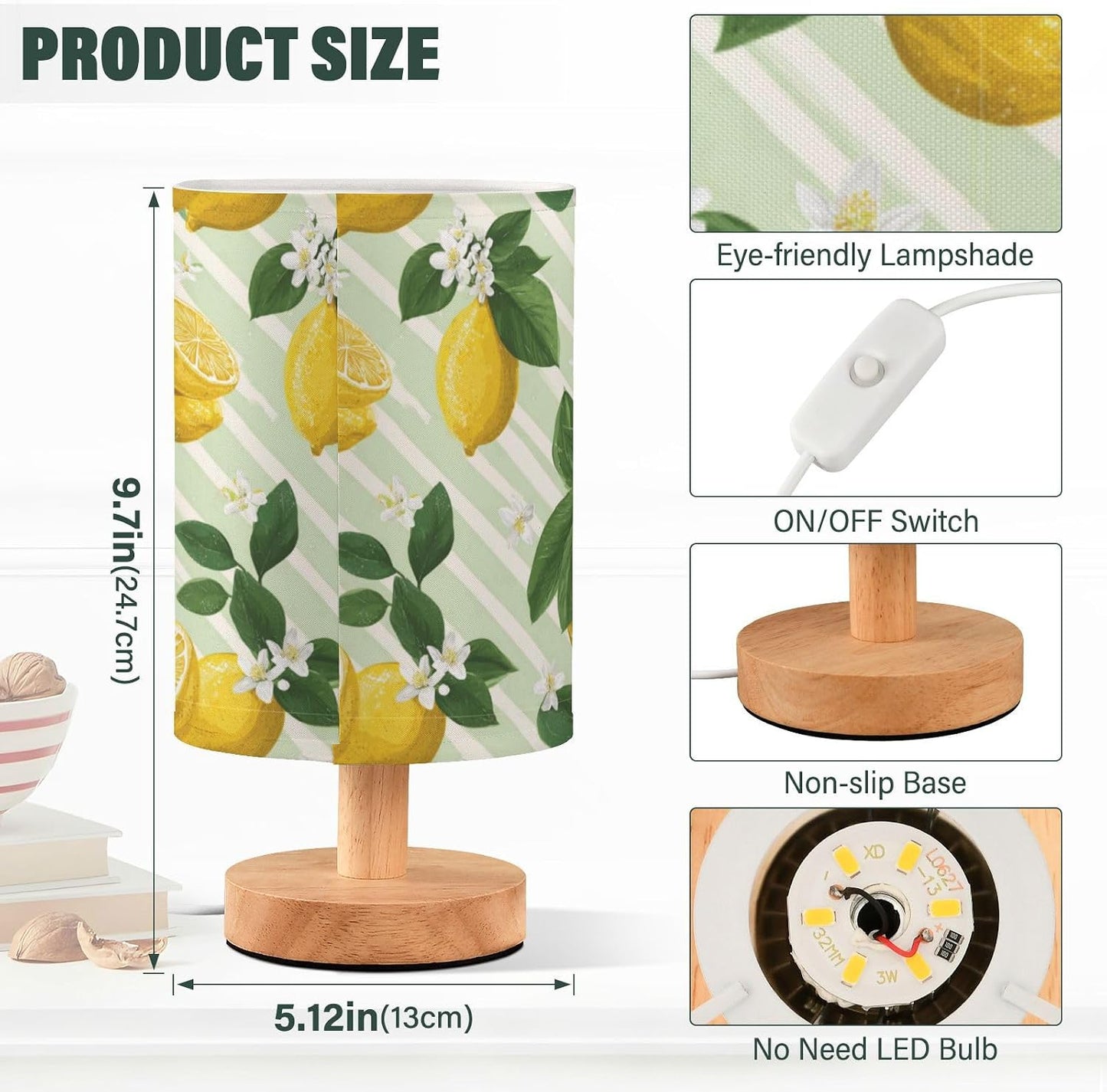 Bedside Table Lamp Lemon Yellow Citrus Fruits (89) Kids Nightstand Lamp Night Light Fabric Shade for Bedroom Living Room Home Office