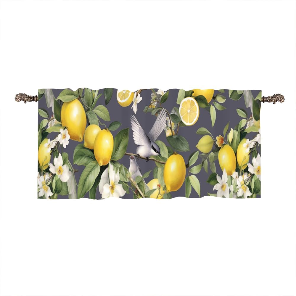 1 Panel Rustic Lemon Bird Window Valances, Yellow Fruit Food Window Treatment Decor Curtains Rod Pocket Valances for Kitchen/Living Room, 54" X 18"