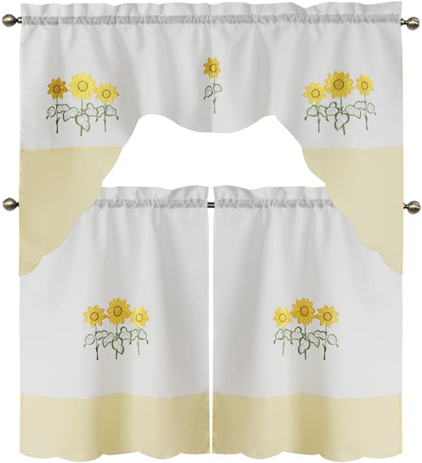 All American Collection Modern Contemporary 3pc Embroidered Home Kitchen Window Treatment Curtain Set (Swag Valance, Yellow Sunflower)