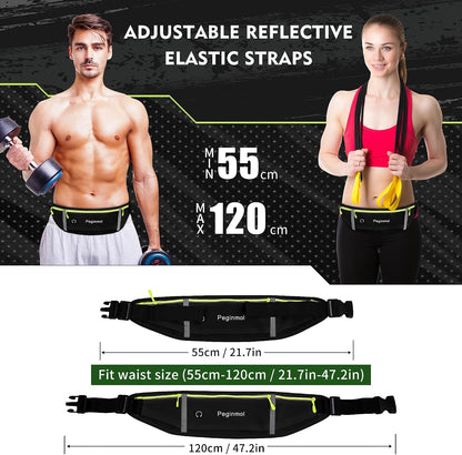 Slim Running Belt Fanny Pack, Waist Pack Bag for Women Men, Running Pouch for Phone Waterproof Reflective with 3 Pouches, Running Phone Holder for Sports, Traveling (Black + Green)