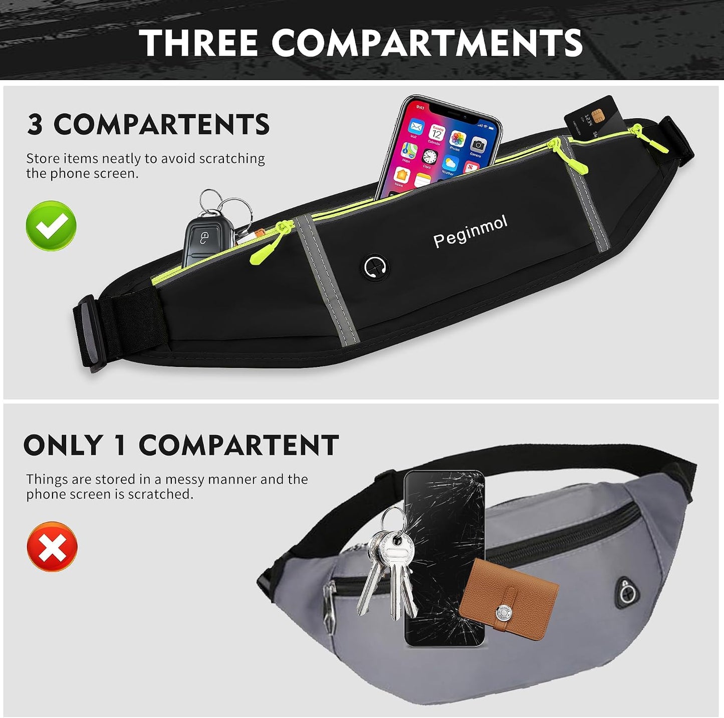 Slim Running Belt Fanny Pack, Waist Pack Bag for Women Men, Running Pouch for Phone Waterproof Reflective with 3 Pouches, Running Phone Holder for Sports, Traveling (Black + Green)