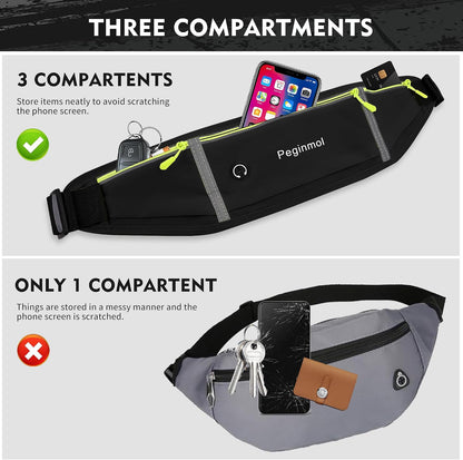 Slim Running Belt Fanny Pack, Waist Pack Bag for Women Men, Running Pouch for Phone Waterproof Reflective with 3 Pouches, Running Phone Holder for Sports, Traveling (Black + Green)