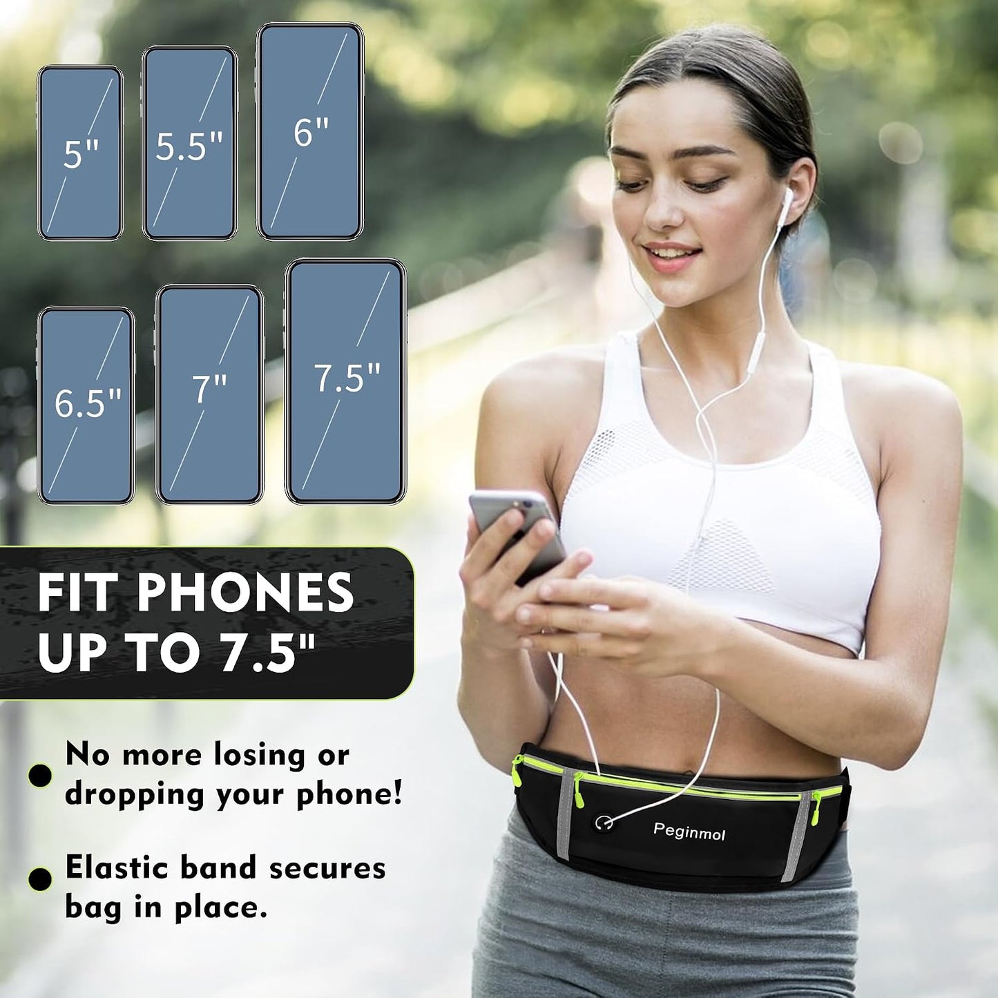 Slim Running Belt Fanny Pack, Waist Pack Bag for Women Men, Running Pouch for Phone Waterproof Reflective with 3 Pouches, Running Phone Holder for Sports, Traveling (Black + Green)