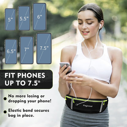 Slim Running Belt Fanny Pack, Waist Pack Bag for Women Men, Running Pouch for Phone Waterproof Reflective with 3 Pouches, Running Phone Holder for Sports, Traveling (Black + Green)