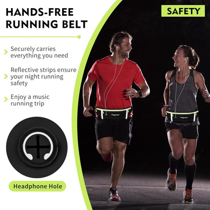 Slim Running Belt Fanny Pack, Waist Pack Bag for Women Men, Running Pouch for Phone Waterproof Reflective with 3 Pouches, Running Phone Holder for Sports, Traveling (Black + Green)