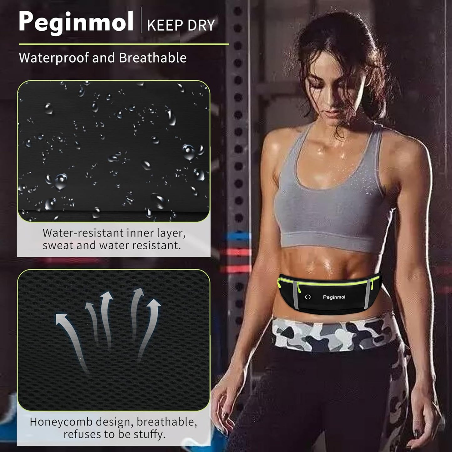 Slim Running Belt Fanny Pack, Waist Pack Bag for Women Men, Running Pouch for Phone Waterproof Reflective with 3 Pouches, Running Phone Holder for Sports, Traveling (Black + Green)
