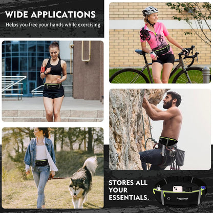 Slim Running Belt Fanny Pack, Waist Pack Bag for Women Men, Running Pouch for Phone Waterproof Reflective with 3 Pouches, Running Phone Holder for Sports, Traveling (Black + Green)