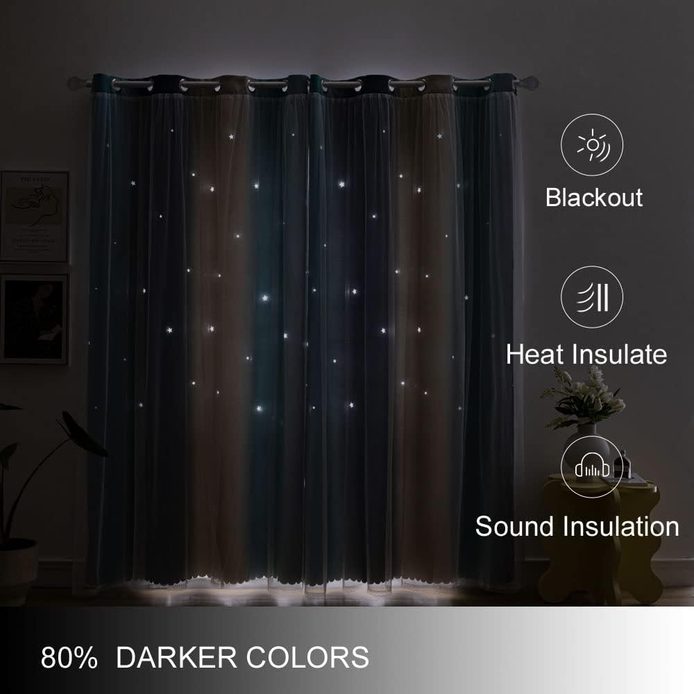 Ombre Rainbow Blackout Curtains for Kid Girls Bedroom Living Room Darking Stripe Double Layer Star Cut Out Wall Home Decor Gradient Grommet Window Curtains （Yellow Blue 52W x 84L