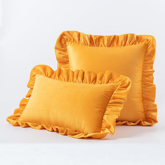 Mustard Yellow Decorative Throw Pillow Cover 12x20 Inch Velvet Pillow Case with Ruffle Flounces Trim Solid Color Shabby Chic Farmhouse Cushion Cover for Living Room Sofa Couch Bed