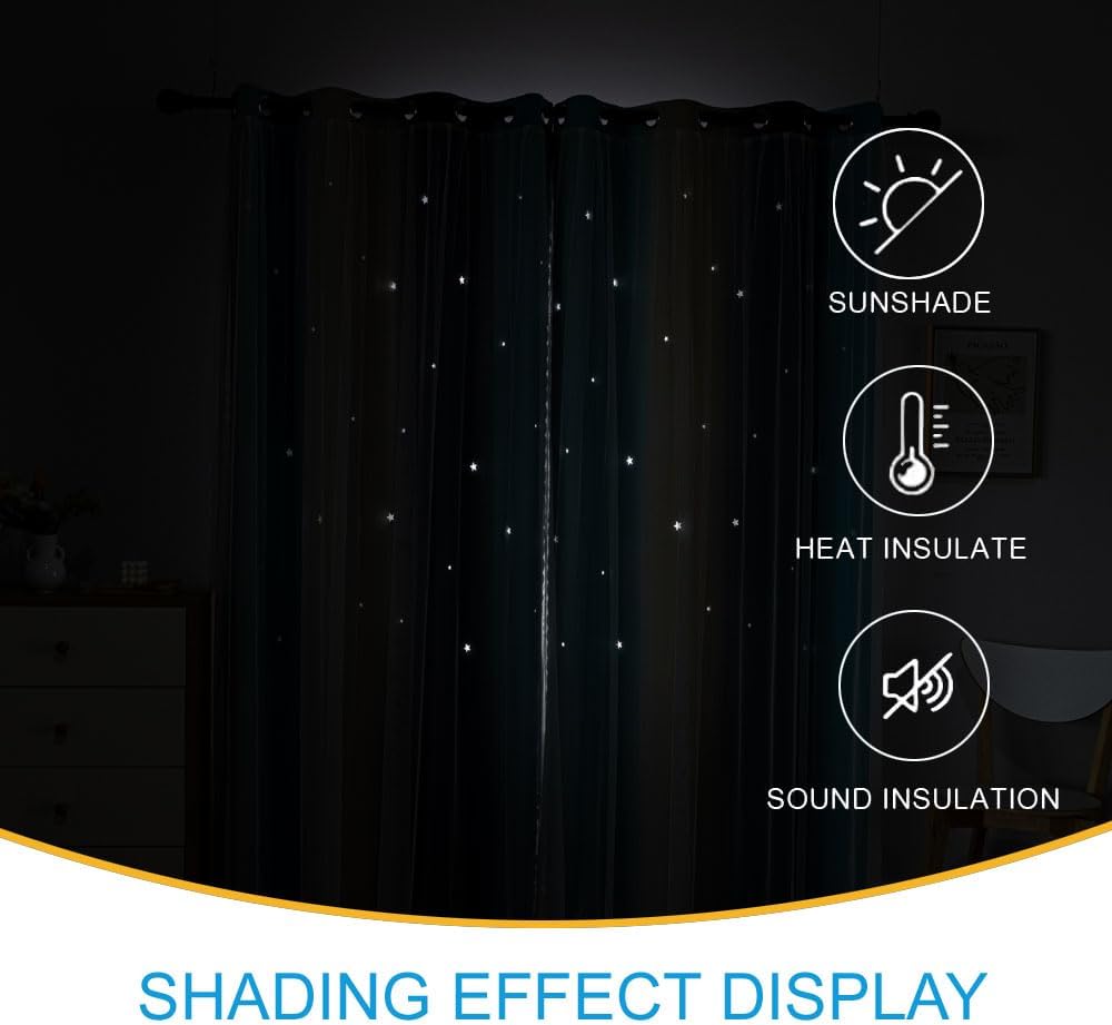 Star Girl and Kids Curtains for Bedroom Rainbow Ombre Double Layer Cute Shot Nursery Darkening Grommet Princess Room Décor 2 Panels Living Room Window Curtain (Yellow-Blue, 52W x 63L)